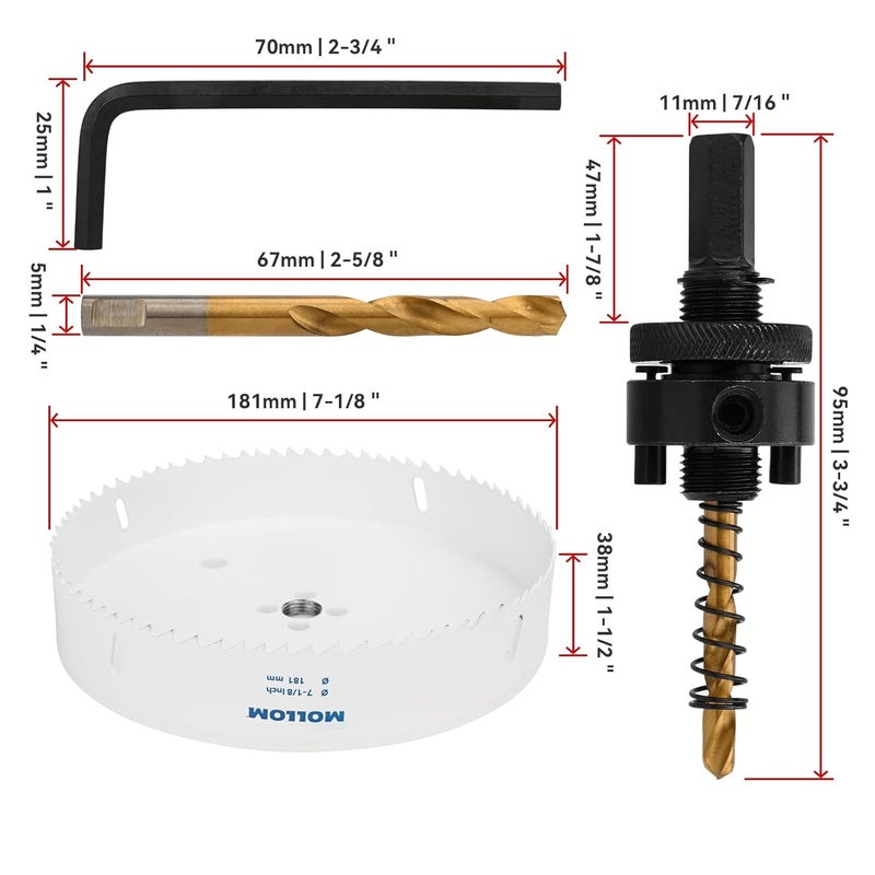 Mollom (181mm | 7-1/8") HSS M42 with 8% Cobalt BI-Metal Hole Saw with 2 Pilot Drill Bits & Arbor Smooth Cutting for PVC,Drywall,Wood,Plastic,Gypsum Board,Rubber - Image 2